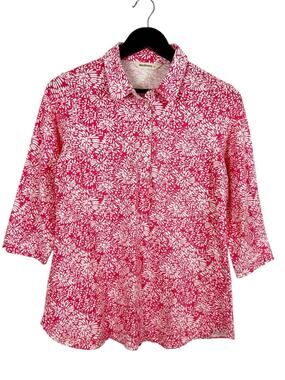 WoolOvers Pink Floral 3/4 Sleeve Blouse Women's Size Medium 100% Organic Cotton